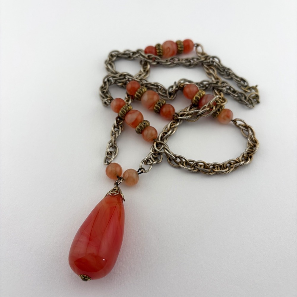 Vintage Simulated Carnelian Bead and Teardrop Pendant Necklace